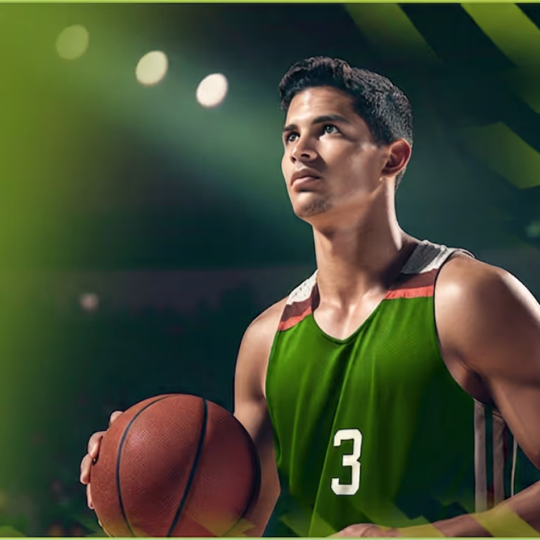 Un jugador de básquetbol con la camiseta número 3 sosteniendo un balón bajo los reflectores del estadio para la sección de deportes de Gangabet Casino México.