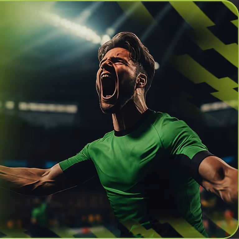 Un jugador de fútbol emocionado con una camiseta verde gritando de alegría en un estadio, representando la emoción deportiva en Gangabet Casino México.