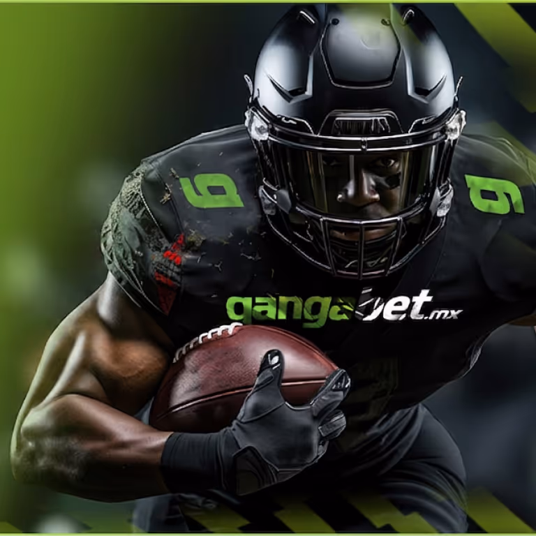 Un jugador de fútbol americano con casco negro y uniforme oscuro de gangabet.mx sosteniendo un balón, ideal para apuestas deportivas en Gangabet Casino México.