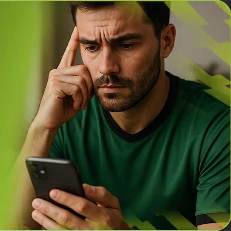 Un hombre con camiseta verde analizando atentamente su teléfono móvil, representando las apuestas en vivo y cuotas en Gangabet Casino México.