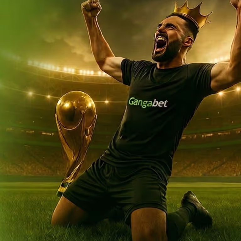 Un jugador de fútbol celebrando de rodillas con una corona dorada junto a un trofeo en el campo, destacando las victorias en Gangabet Casino México.